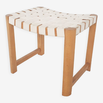 Tabouret en bois moderne scandinave avec bandes blanches, années 1970