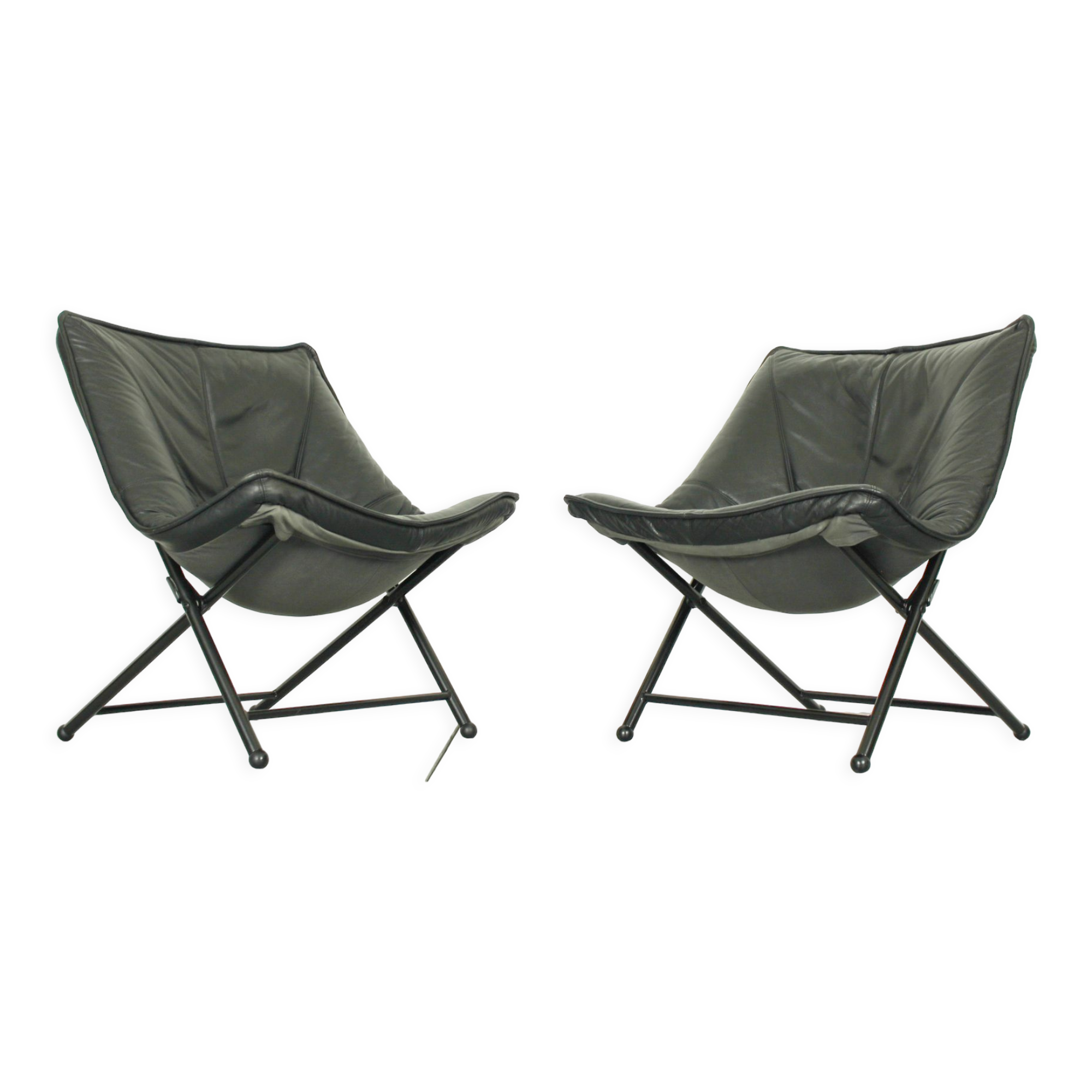 Folding Lounge Chairs in black leather by Teun van Zanten for Molinari, 1970s