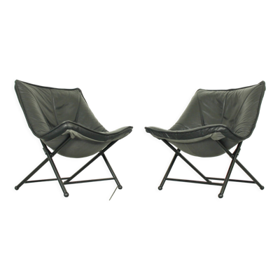 Chaises longues pliantes en cuir noir par Teun van Zanten pour Molinari, 1970s