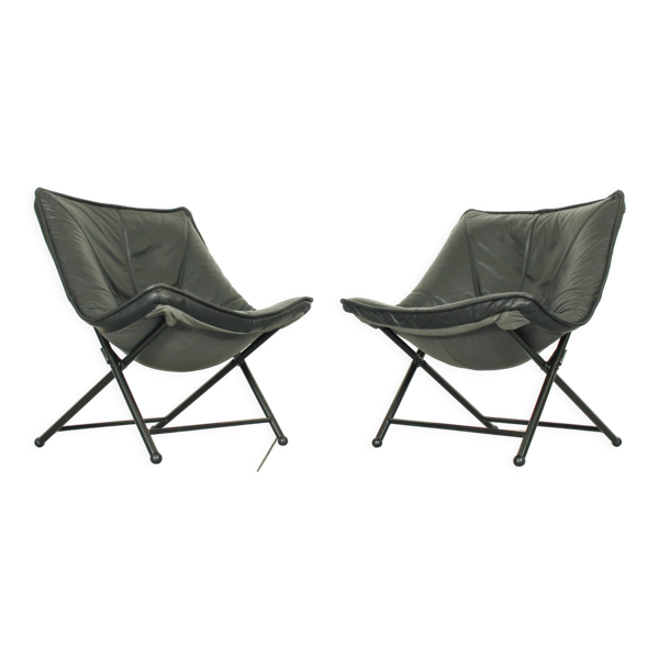 Chaises longues pliantes en cuir noir par Teun van Zanten pour Molinari, 1970s