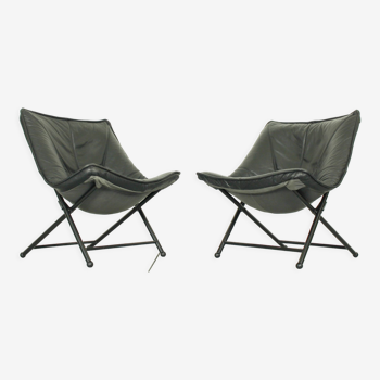 Folding Lounge Chairs in black leather by Teun van Zanten for Molinari, 1970s