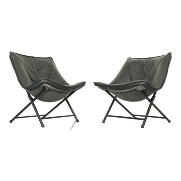Folding Lounge Chairs in black leather by Teun van Zanten for Molinari, 1970s