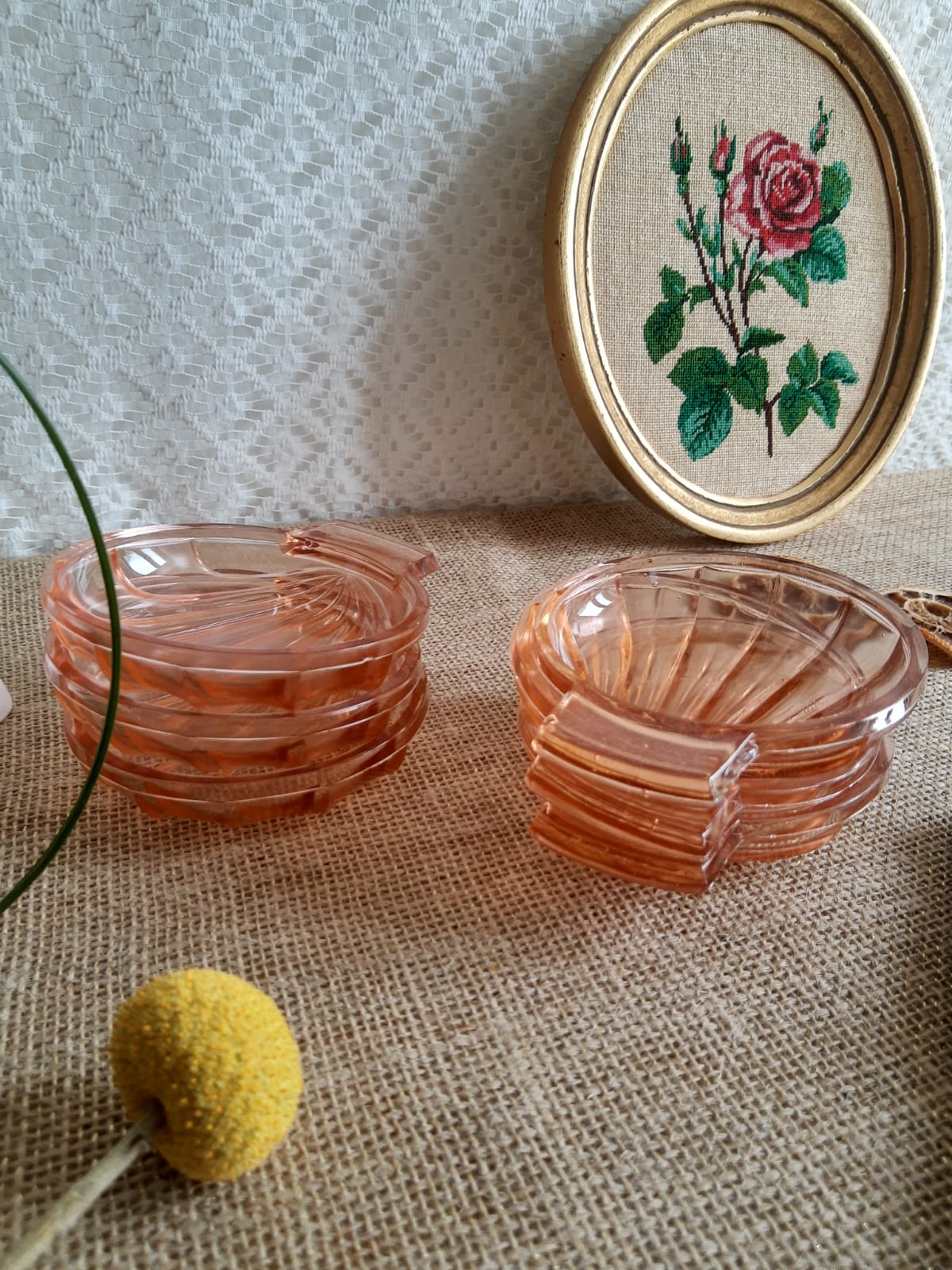 Set of 6 small scallops in vintage rosaline pink glass