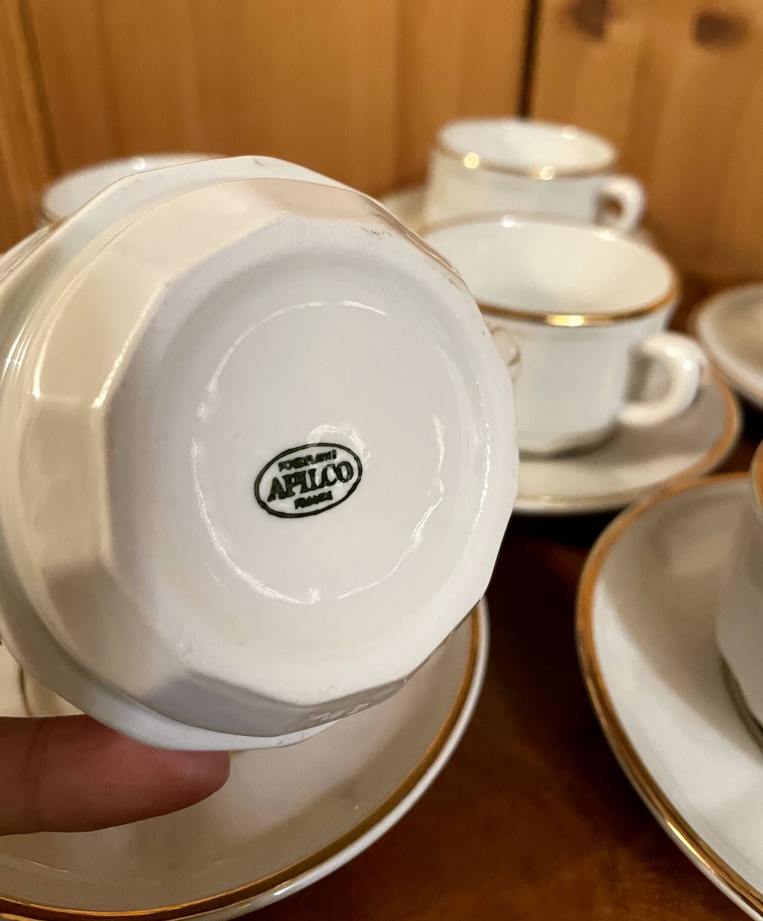 Set of 2 Apilco Flat French Porcelain Coffee Cups with Saucers, Model Flora