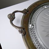 Plateau with handles, moulded glass and brass, Verlys, vintage Art Deco 1930-1940.
