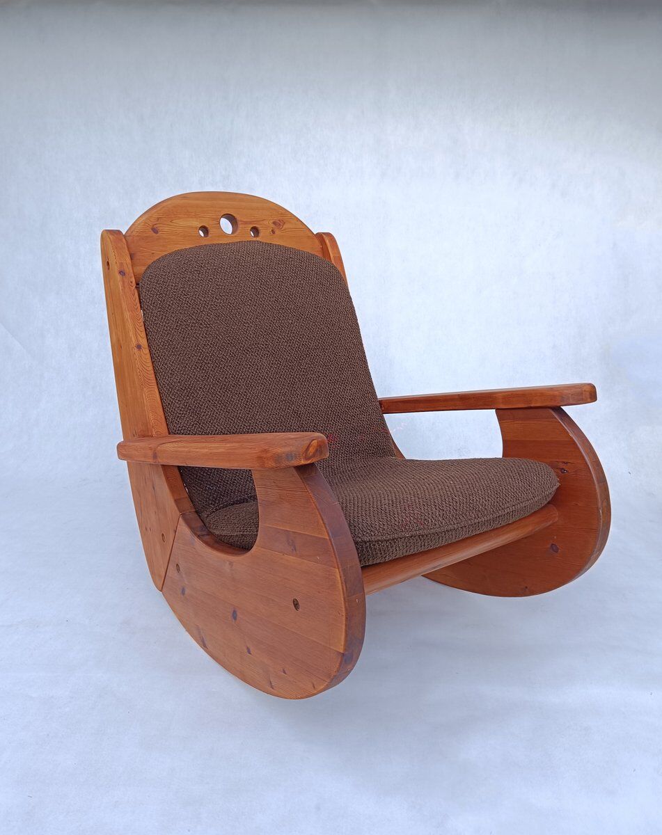 Large brutalist pine rocking chair from Wasa, 1987