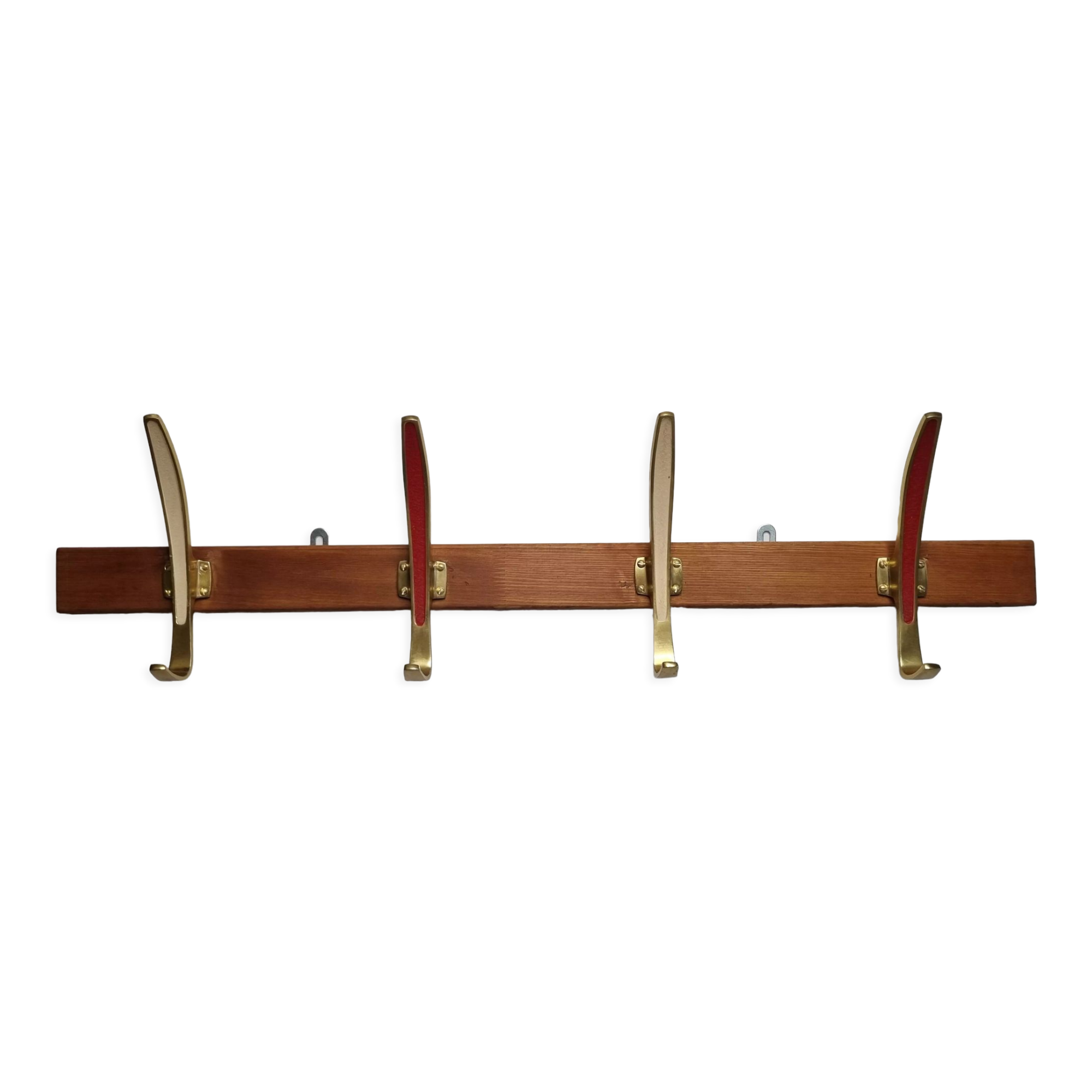 Portemanteau en laiton et bois, 4 patères doubles vintage