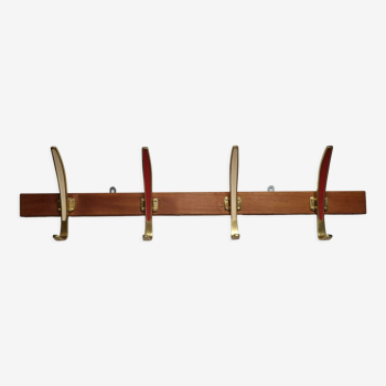 Coat rack in brass and wood, 4 vintage double hooks