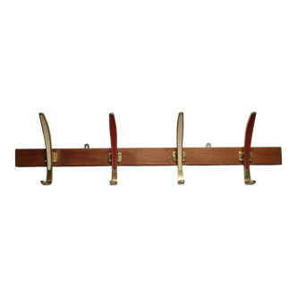 Coat rack in brass and wood, 4 vintage double hooks