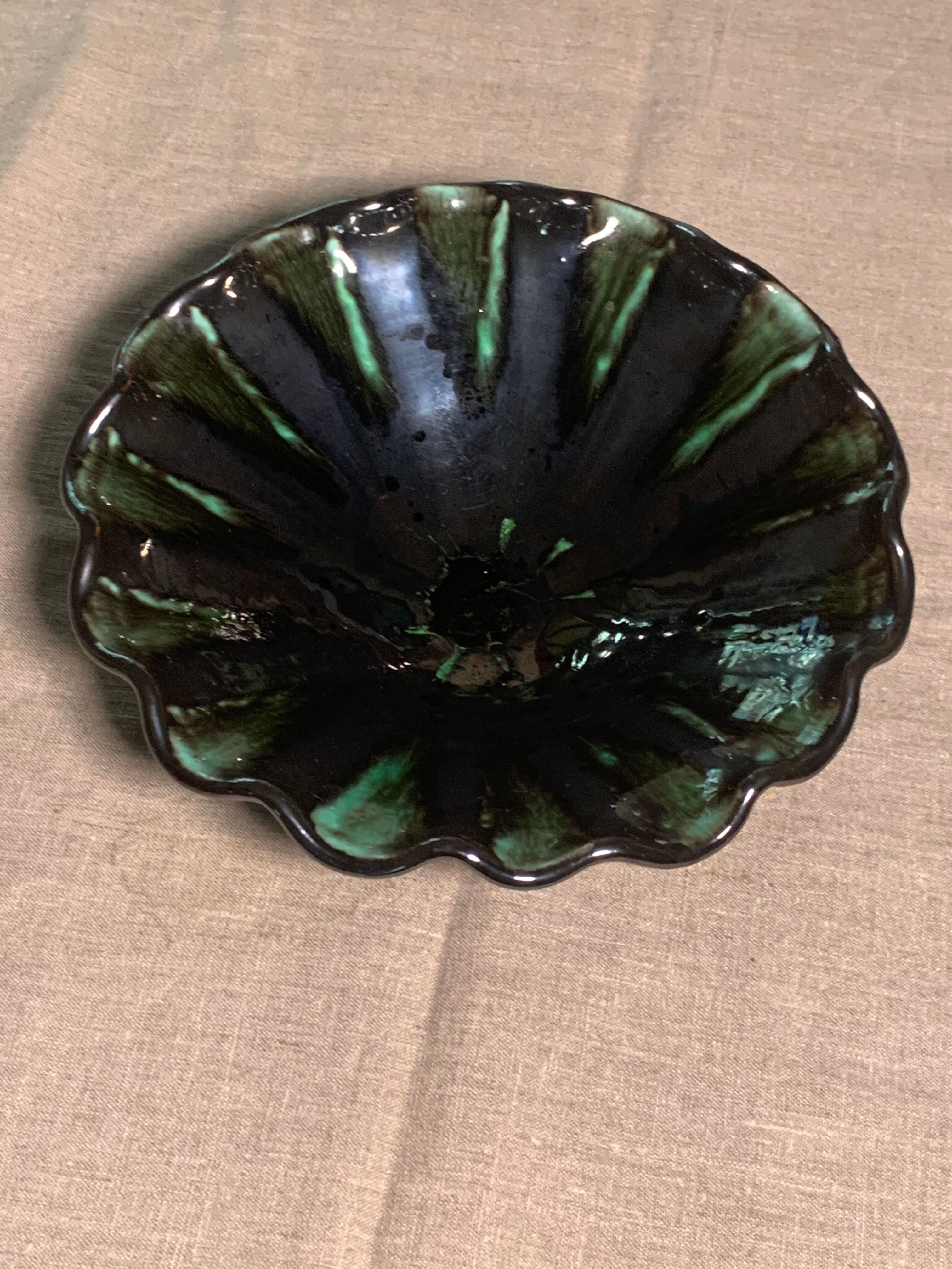 Vintage green and black glazed ceramic fruit cup