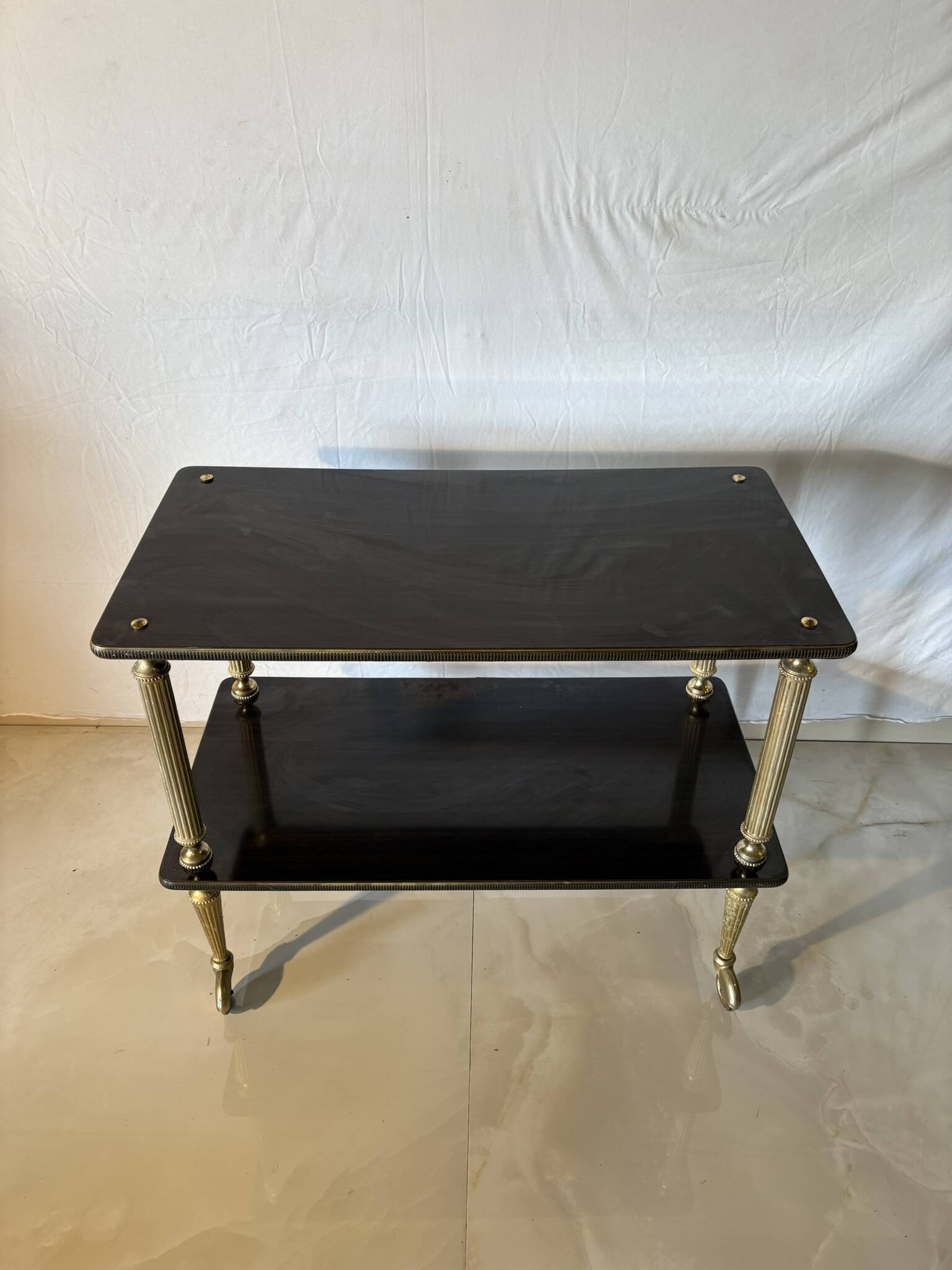 Vintage trolley on wheels, black wood and brass uprights