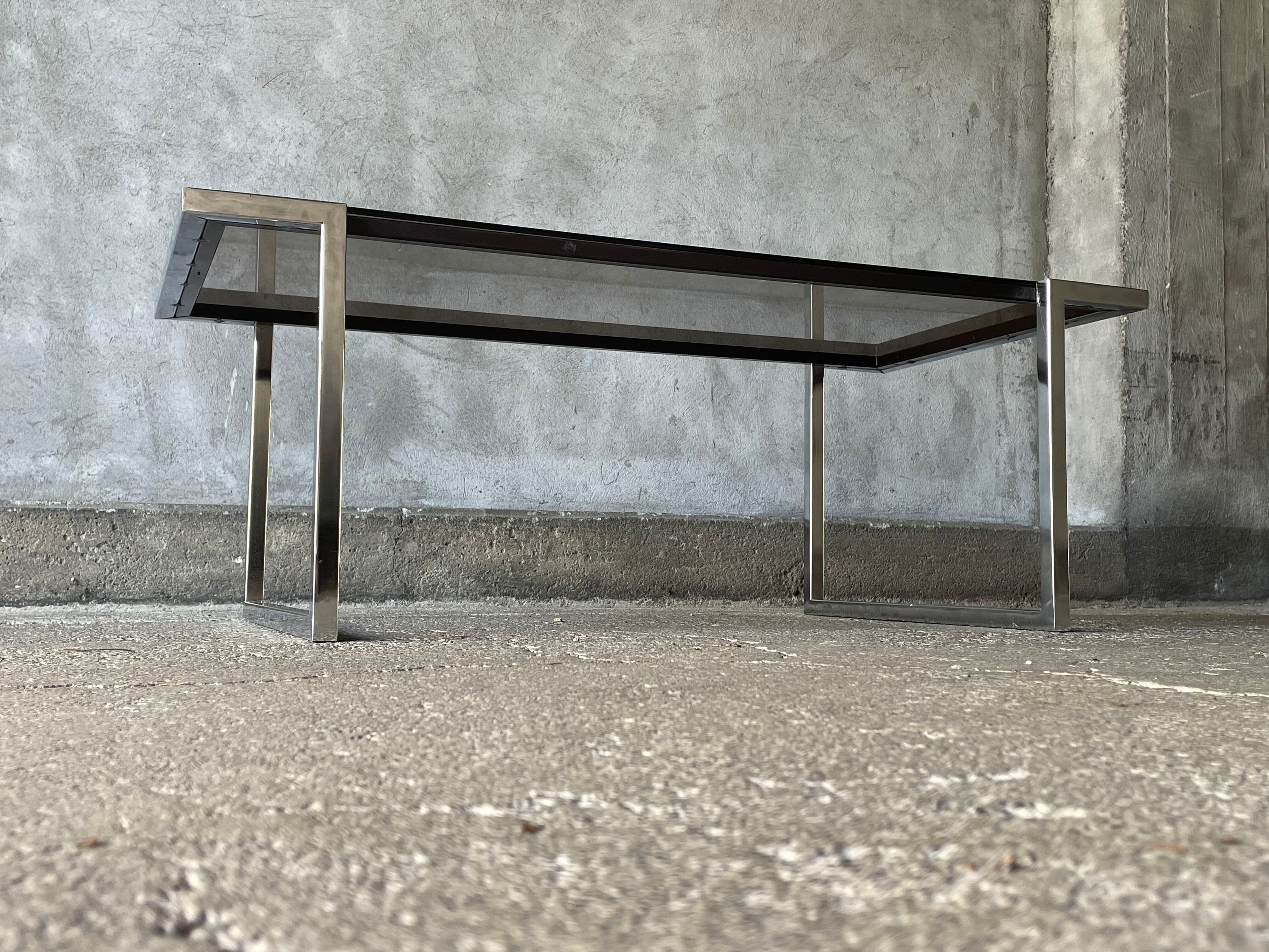 Coffee table in chromed metal and smoked glass, 1970s