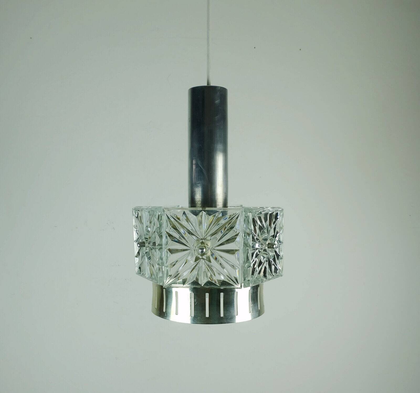 Vintage crystal glass and metal pendant light with 6 glass prisms from the 1960s, 2 available