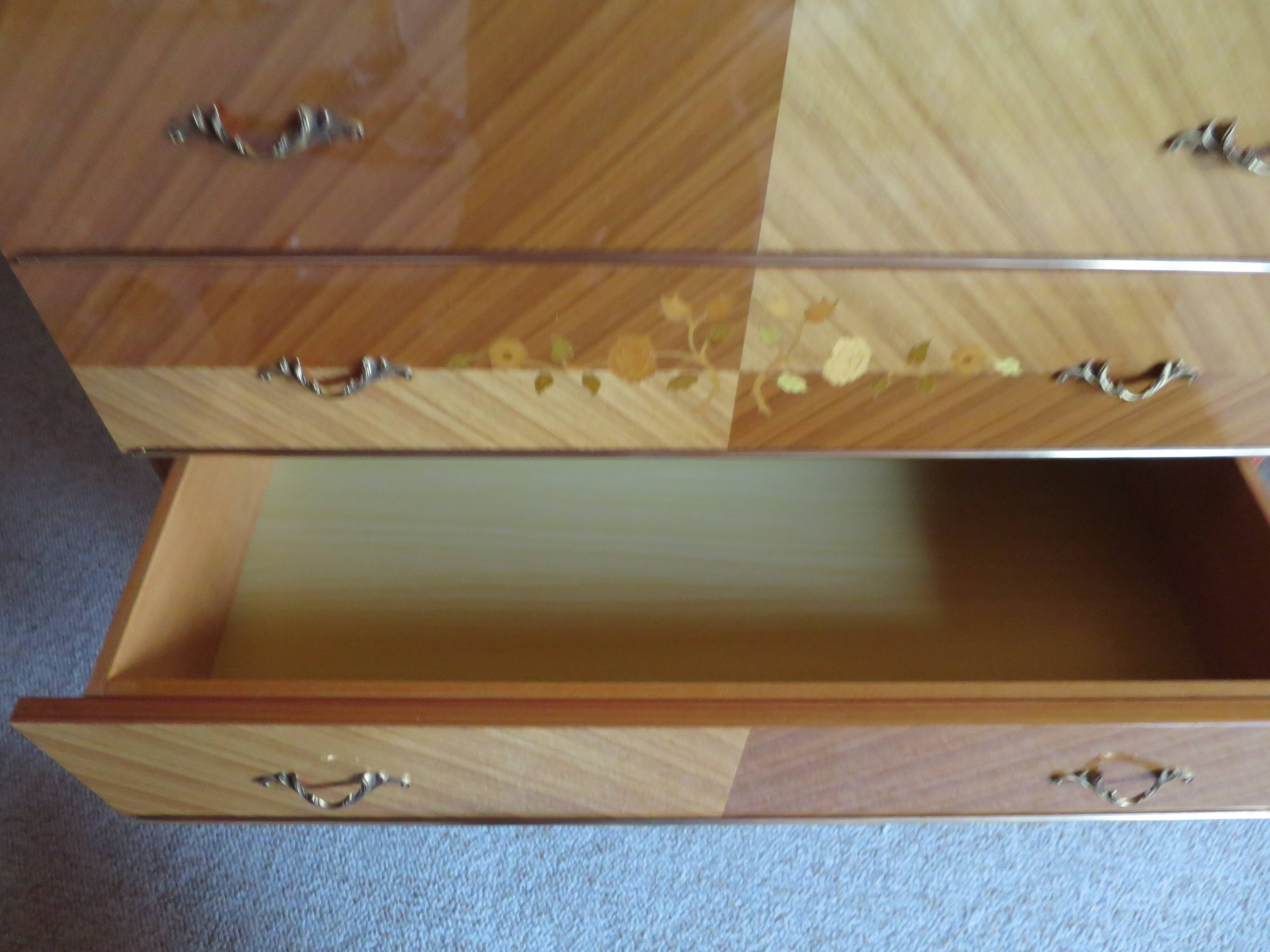3-drawer chest of drawers - 60s - vintage - marquetry effect - spinning top feet