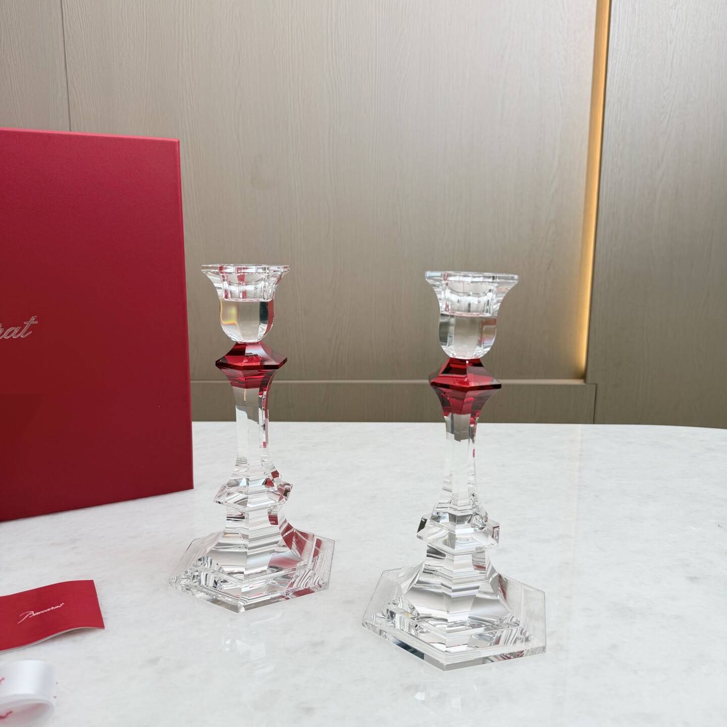 Baccarat Harcourt Candlesticks, Red Knob – Pair, 22 cm