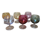 6 anciens verres colorés à cognac digestif shooter sur pieds H8.5cm