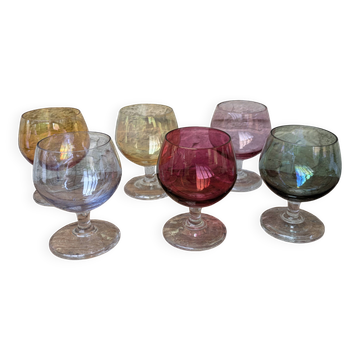 6 old coloured cognac digestif shooter glasses on feet H8.5cm