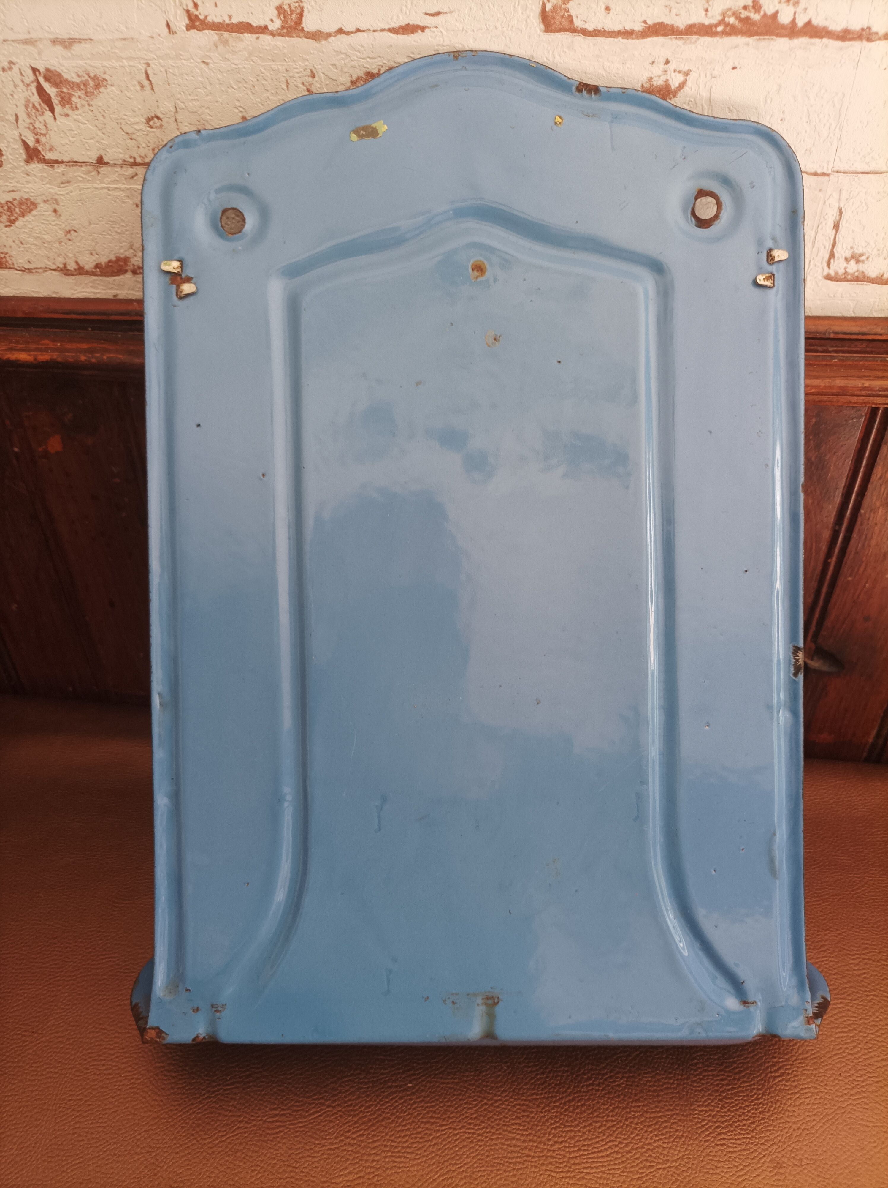 Old door kitchen utensils blue enamelled sheet metal