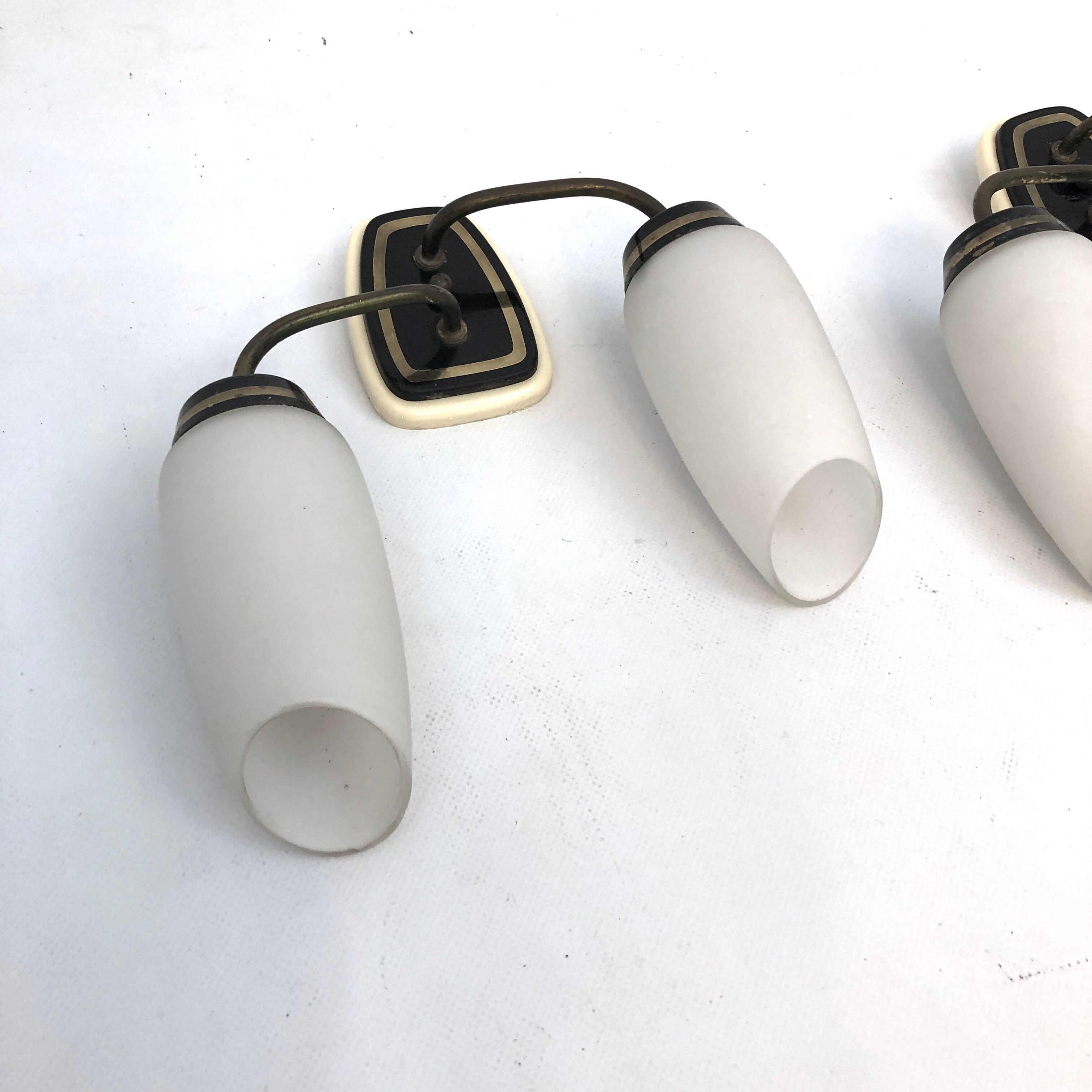 Mid-century Italian brass and opaline glass sconces. Set of two
