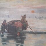 Tableau ancien à l'huile représentant des pêcheurs