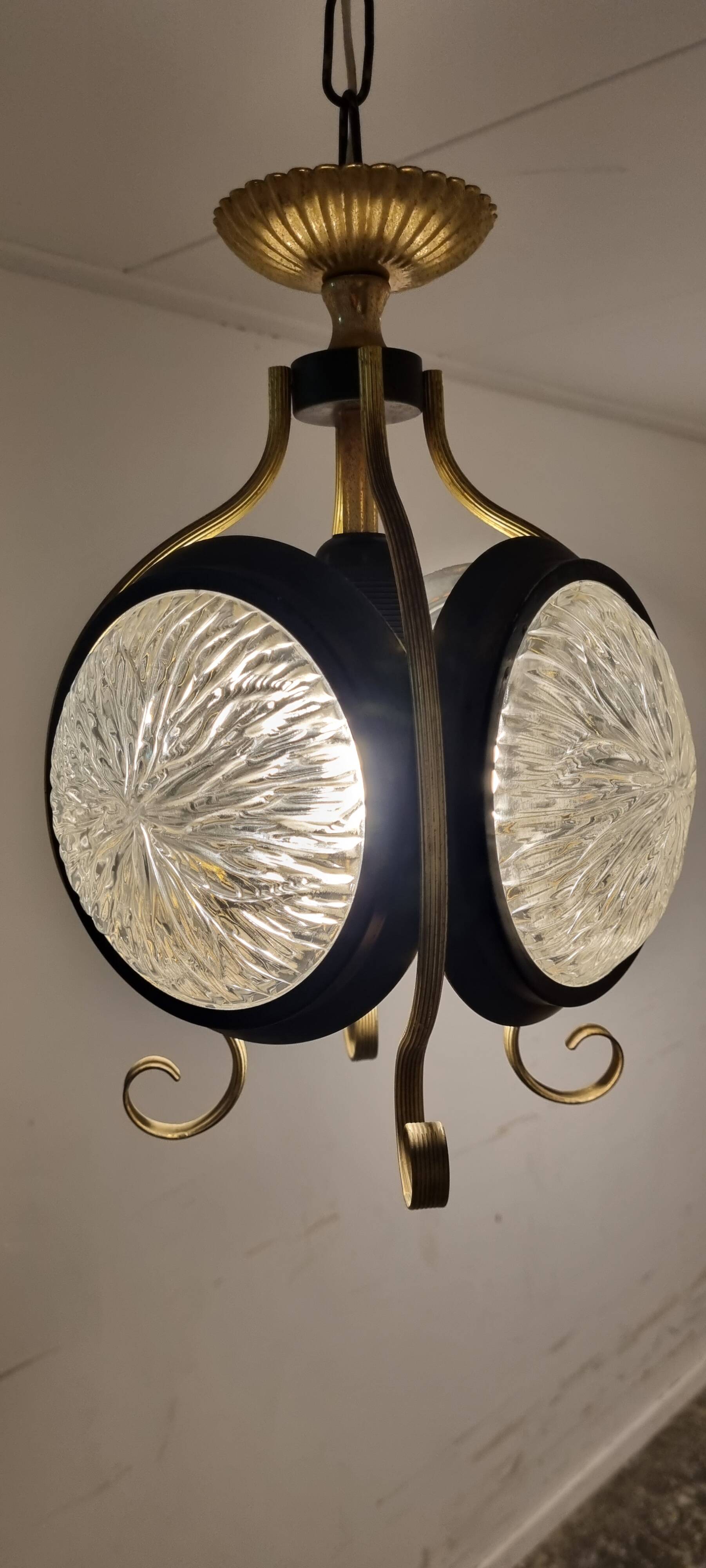 1960s glass brass pendant, frivolous lantern lamp