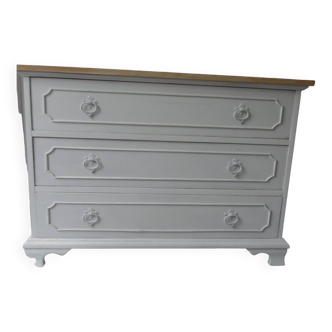 Vintage 3-drawer chest of drawers, pearl gray patina, wooden top.