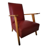 Fauteuil scandinave pieds compas bois et Skaï