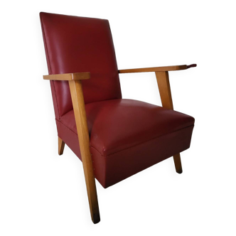 Fauteuil scandinave pieds compas bois et Skaï