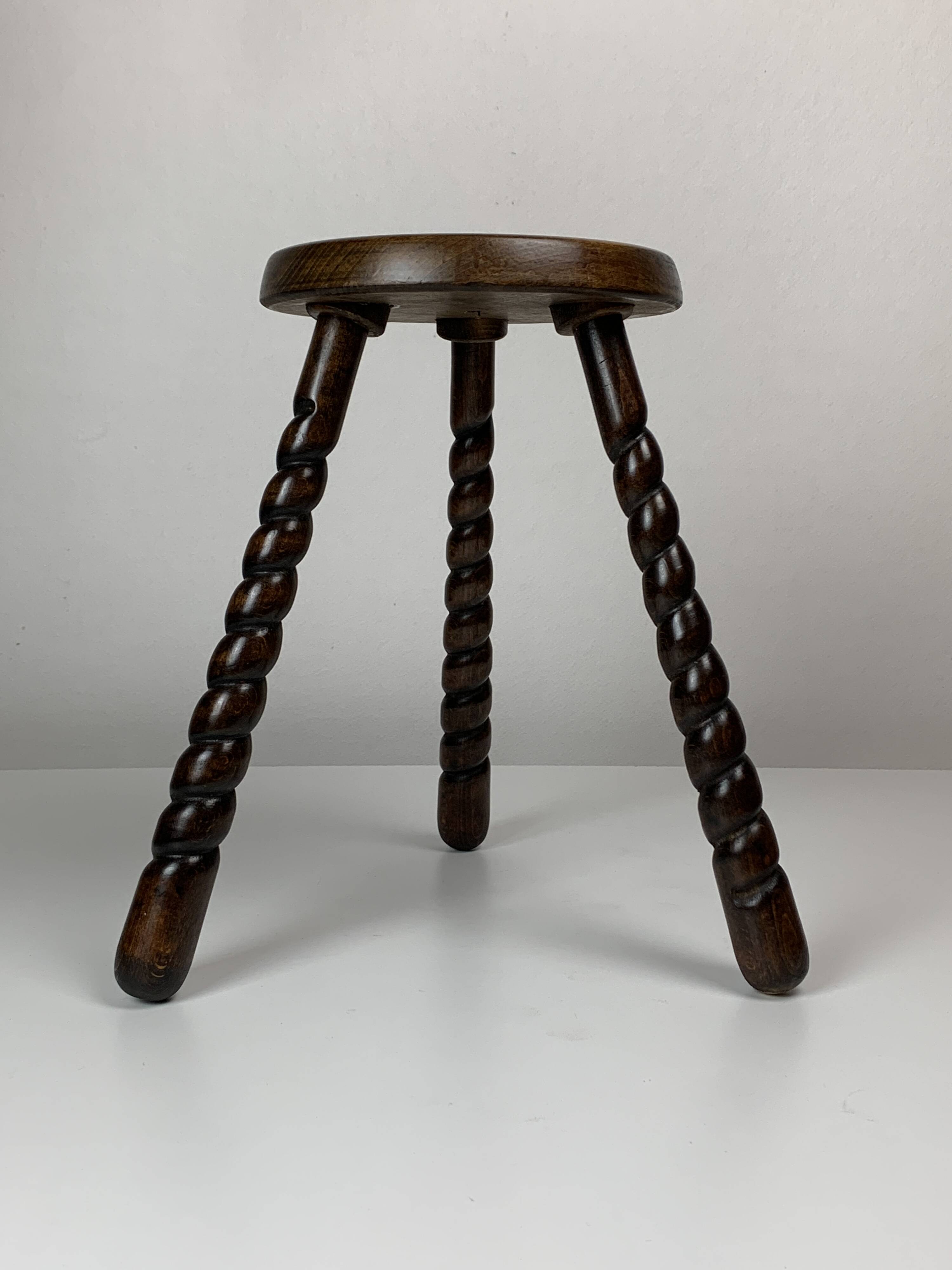 Pair of 2 midcentury brutalist modernist wood turned stools, ca 1950s