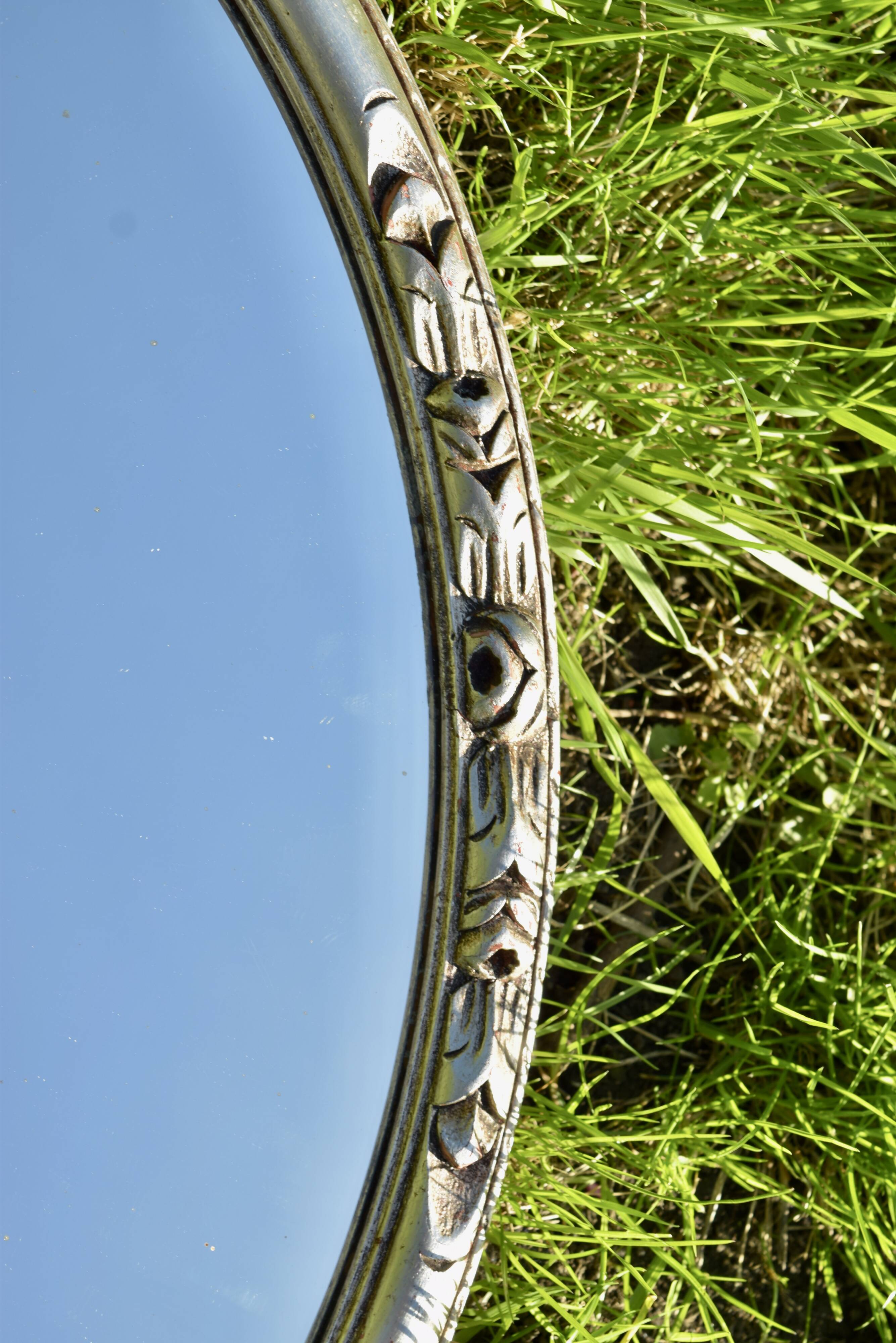Old large oval wall mirror in silver painted wood - 1950s