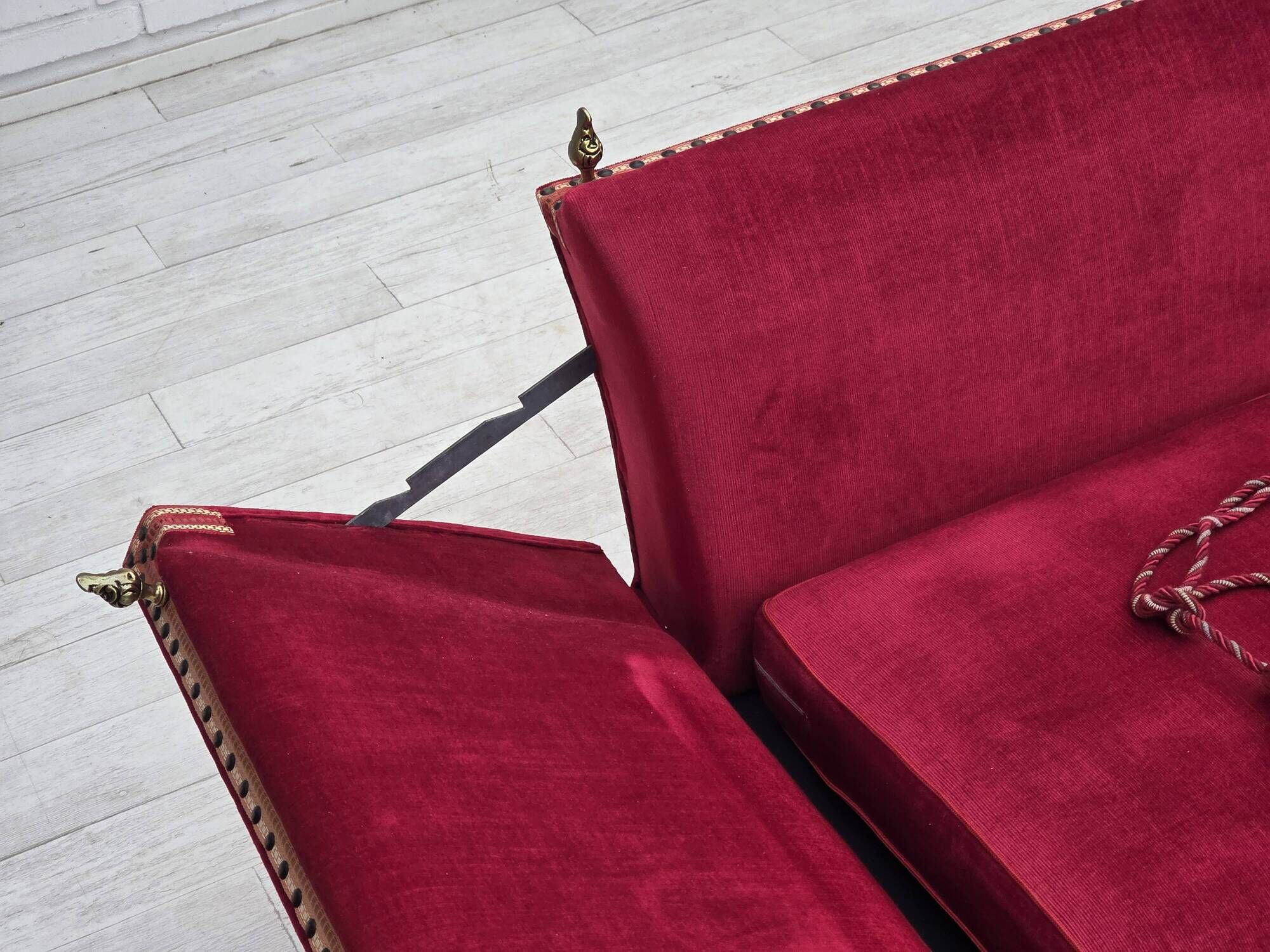 1970s, Danish 2-seater "Spanish" drop arm sofa, furniture velour.