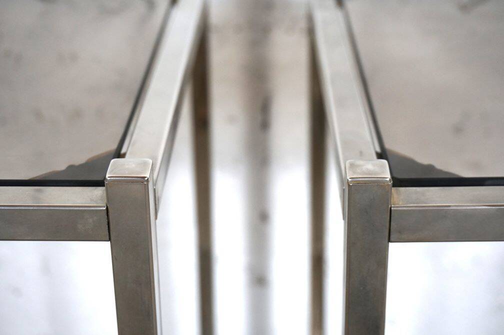 Pair of vintage side tables, chrome and smoked glass 1970