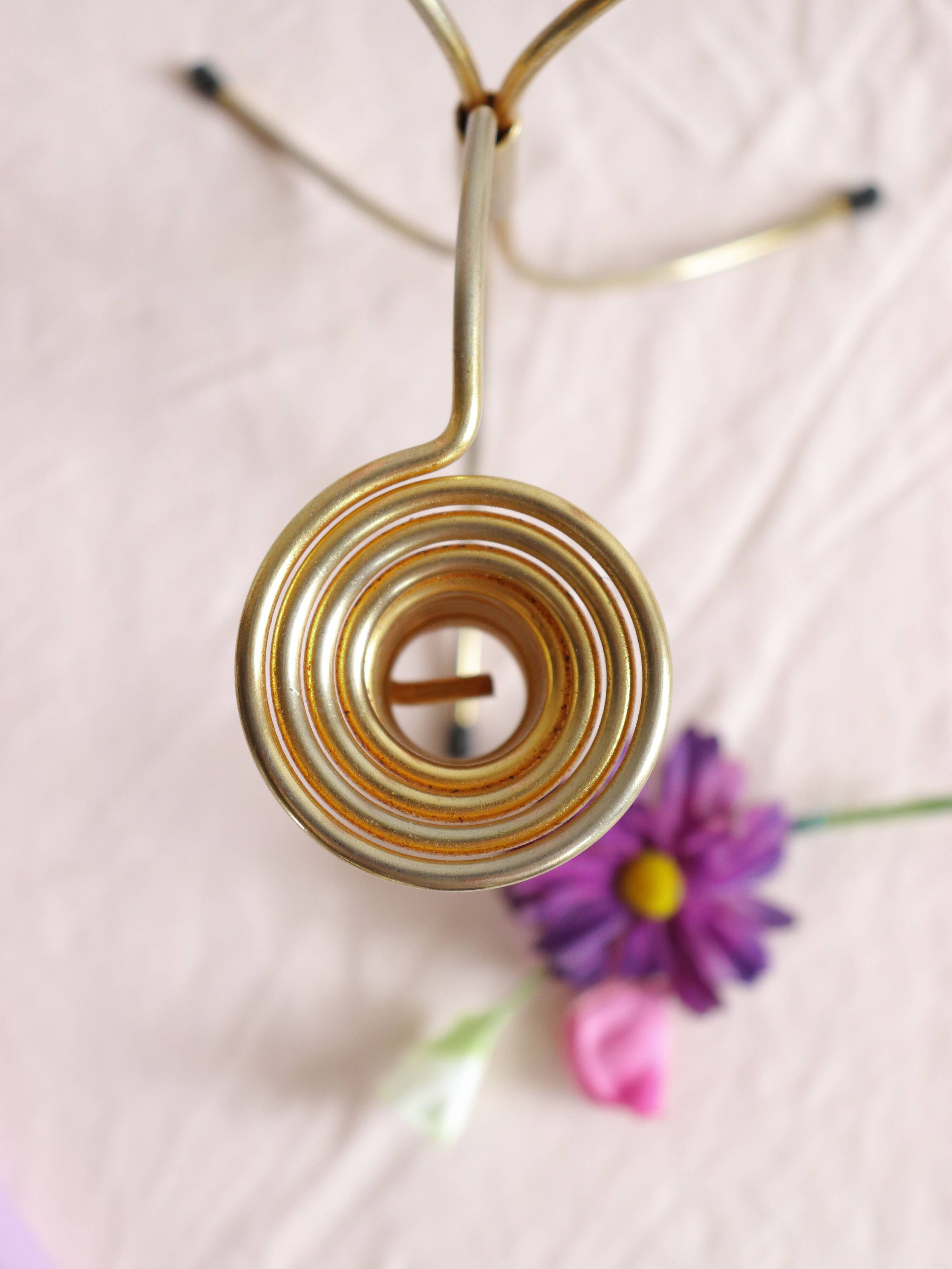 Pair of Vintage Rockabilly Style Gold Brass Spiral Tripod Candlestick Holders