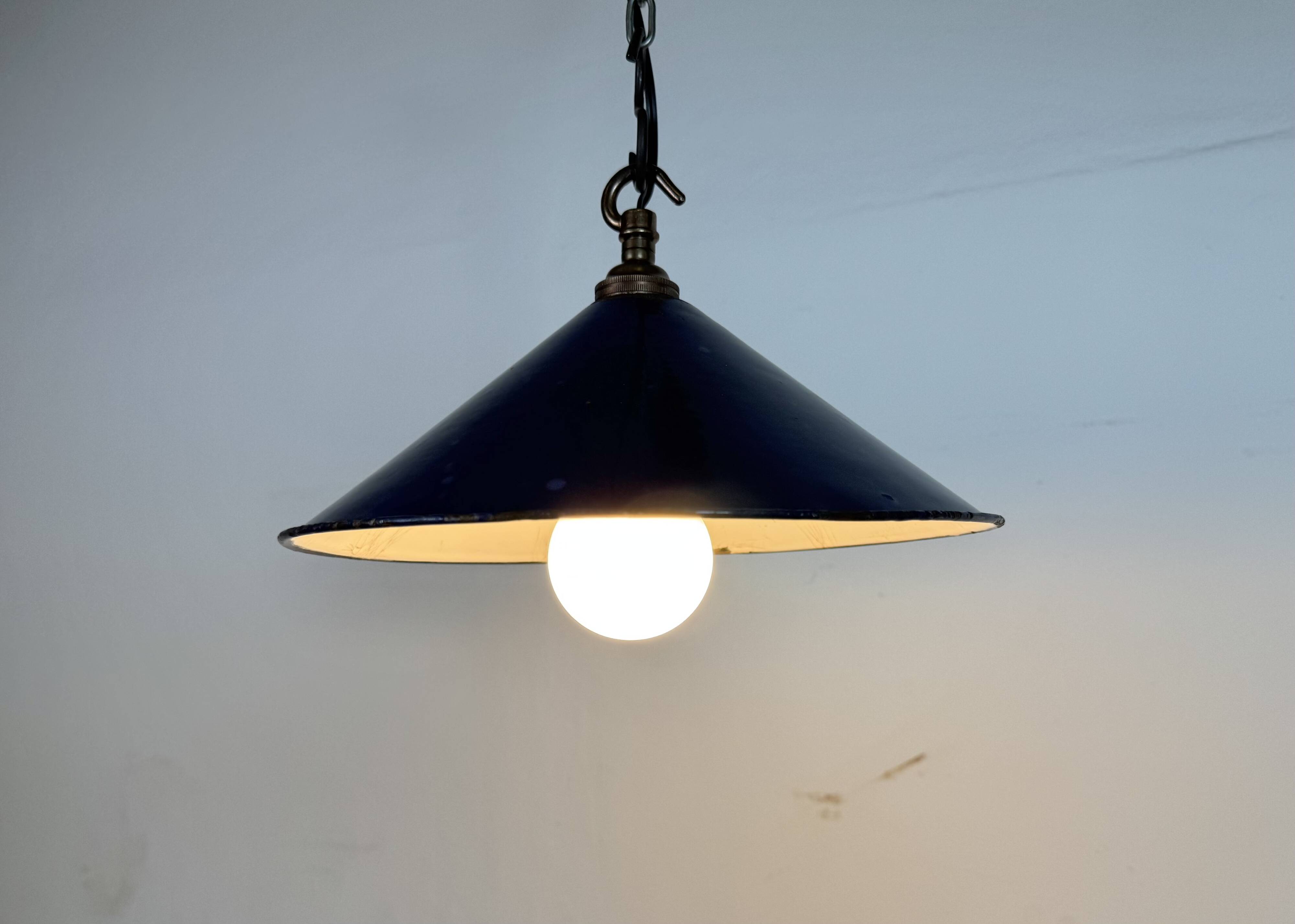 Industrial British Dark Blue Enamel Factory Pendant Lamp, 1950s