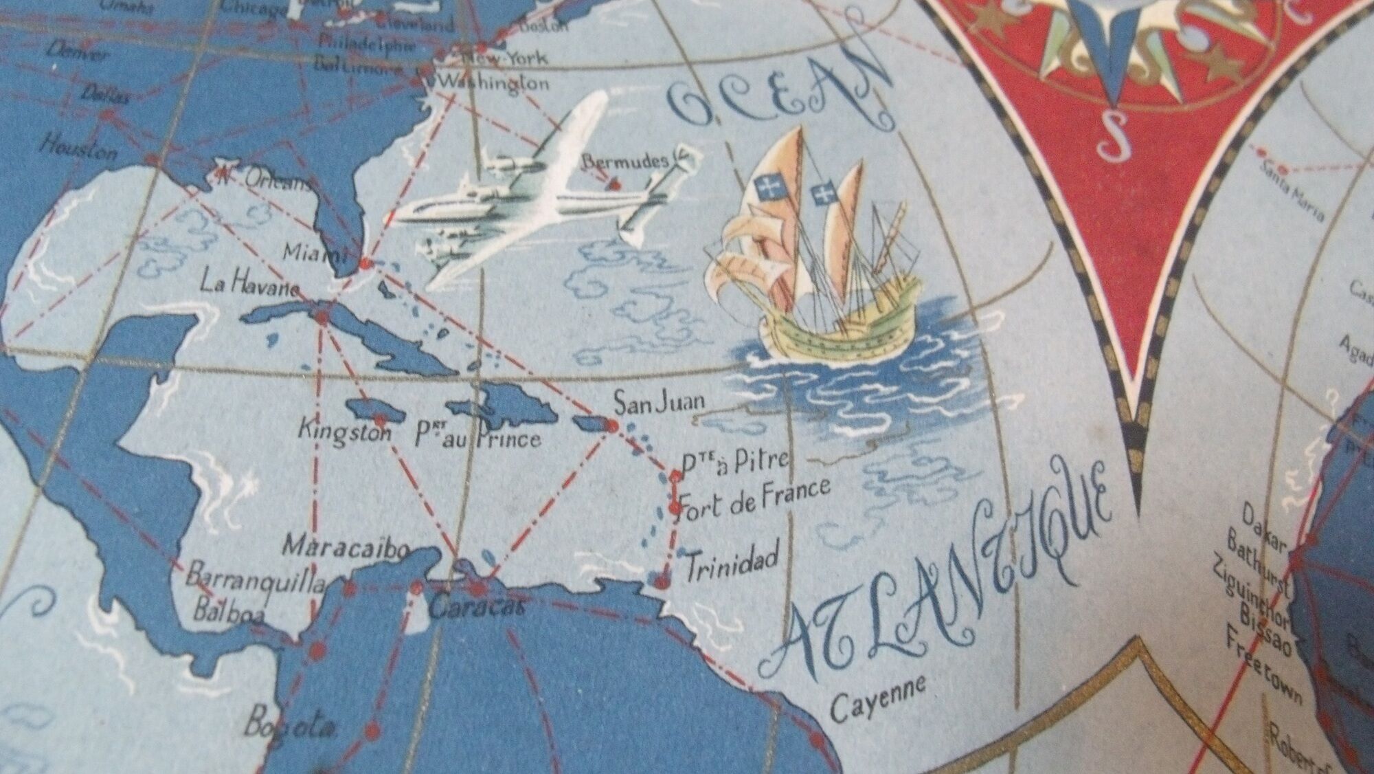Old card Air France 1950 shown by Lucien Boucher planisphere