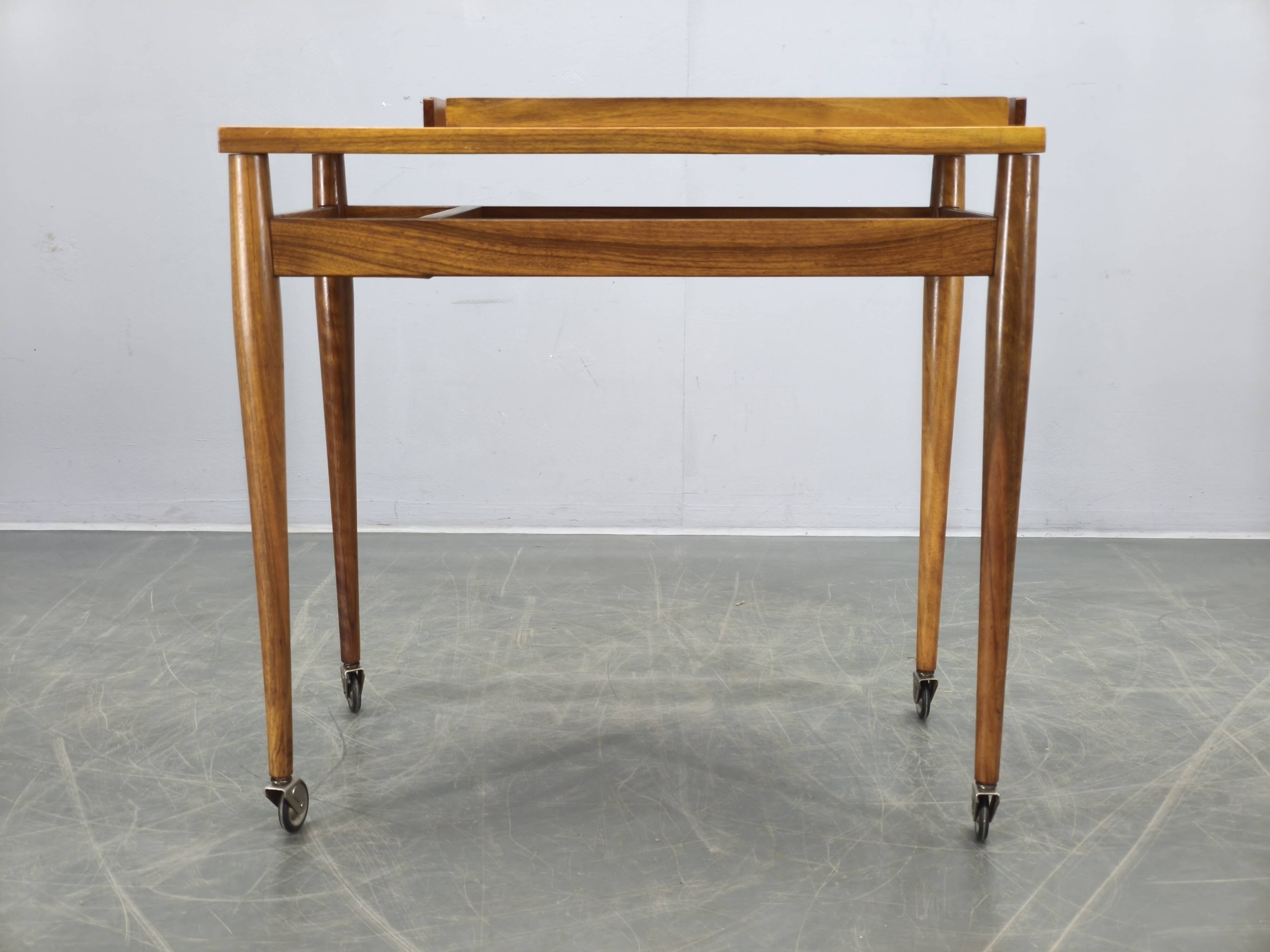 Mid Century Walnut Serving Cart, Czechoslovakia, 1970s