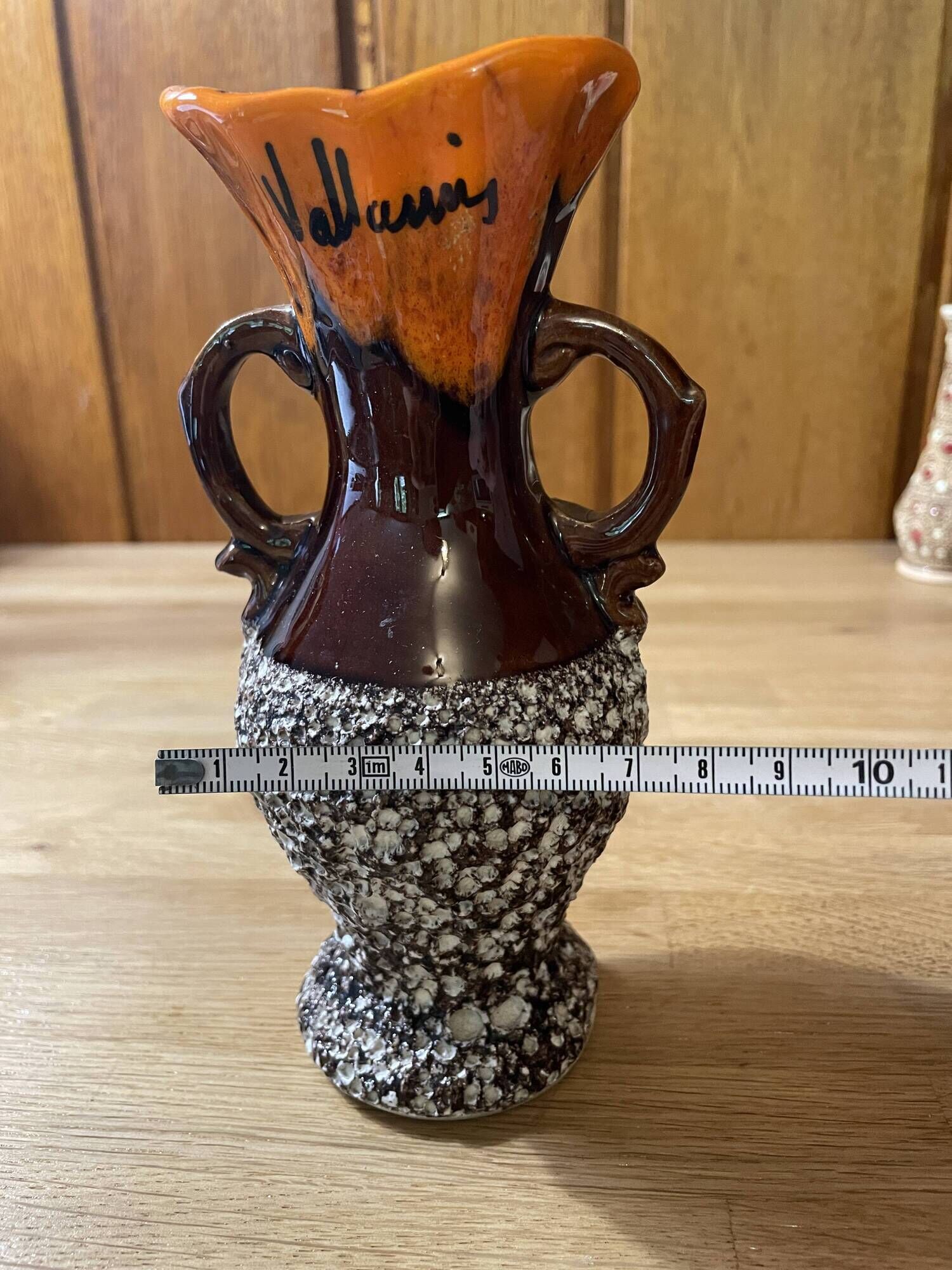 Small Vallauris ceramic vase orange brown and white 70s