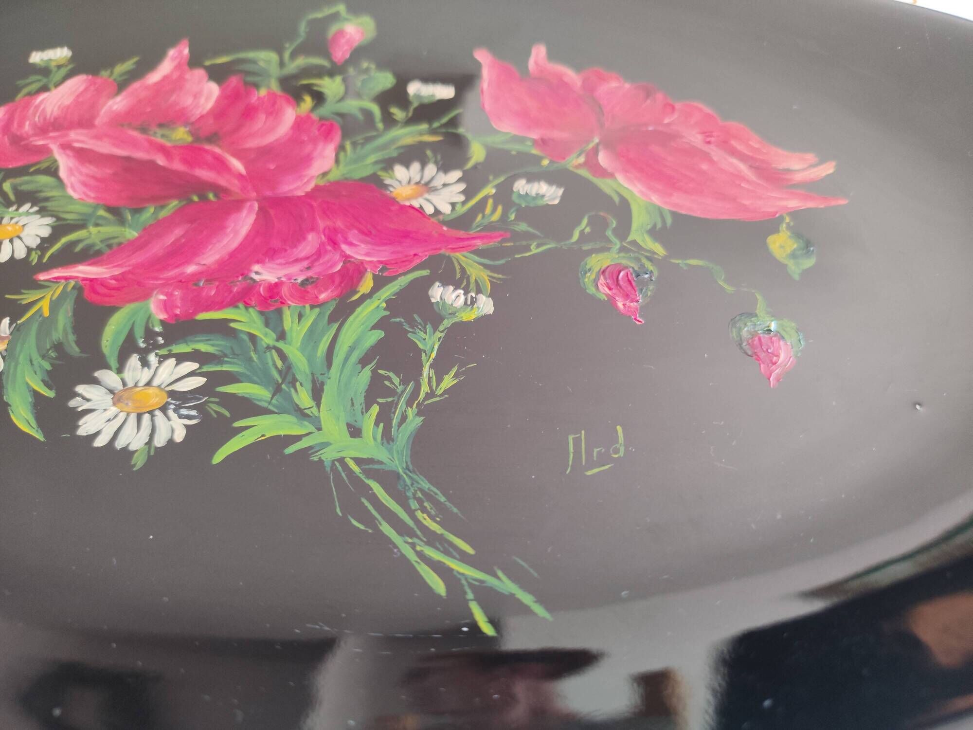 Authentic Longwy dish Black enamels poppy decoration Louis Valenti 1960