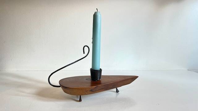 Brutalist olive wood candle holder vintage