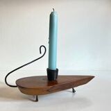 Brutalist olive wood candle holder vintage
