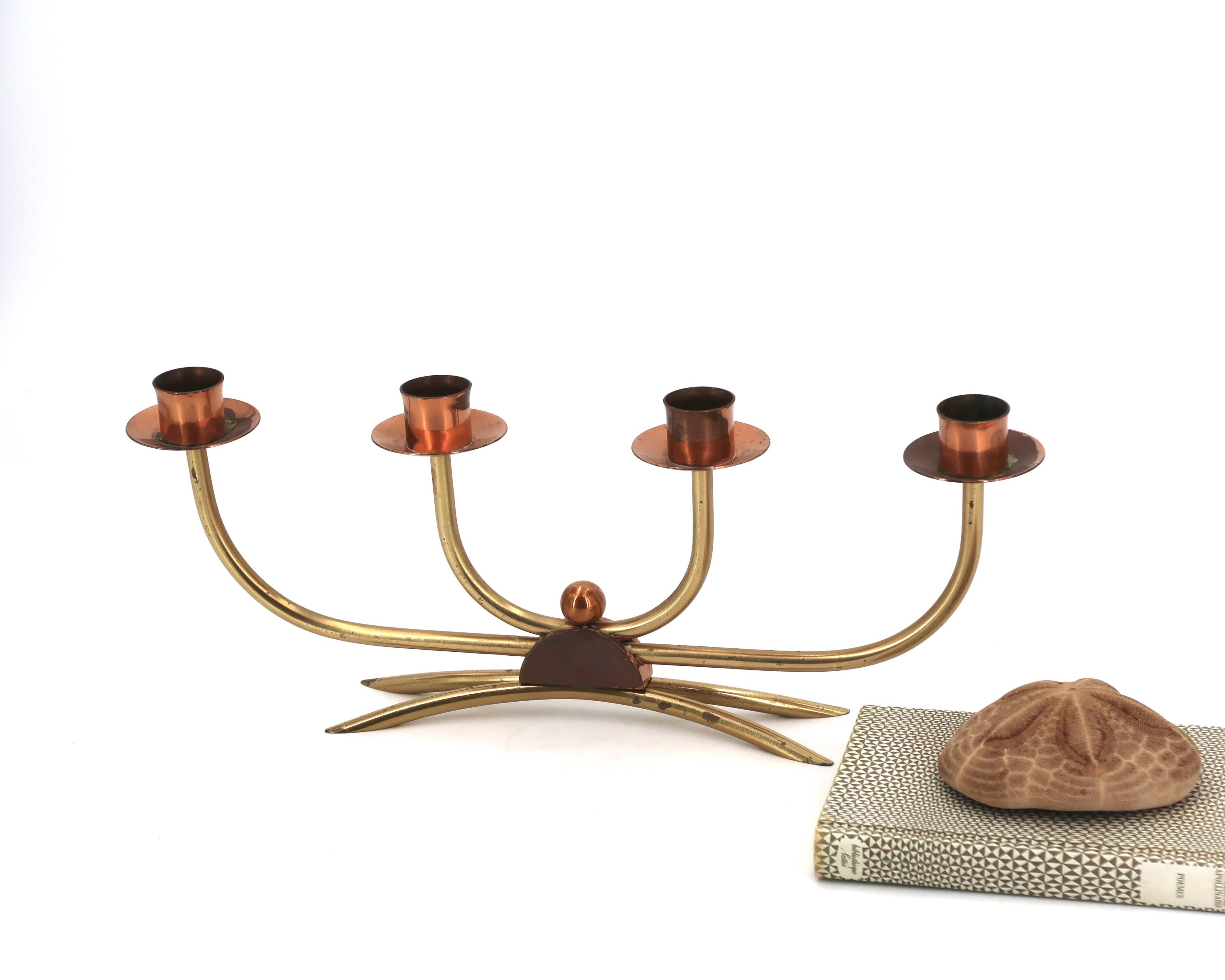 Scandinavian four-branch candlestick in copper and brass, 1950s
