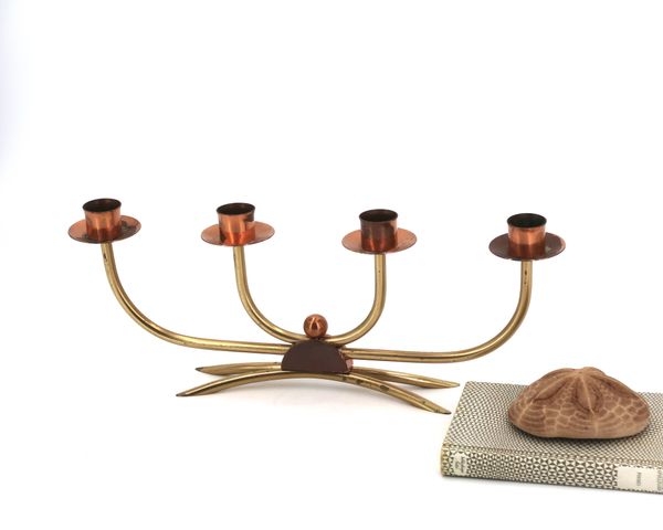 Bougeoir Scandinave à quatre branches en cuivre et laiton, années 50