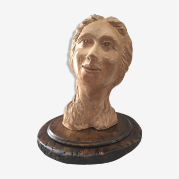 Buste sculpture en terre crue d'atelier visage de femme art design 1950