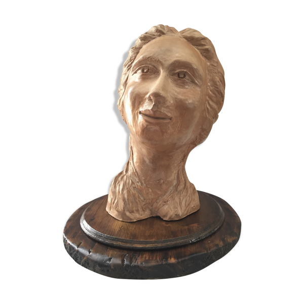 Buste sculpture en terre crue d'atelier visage de femme art design 1950
