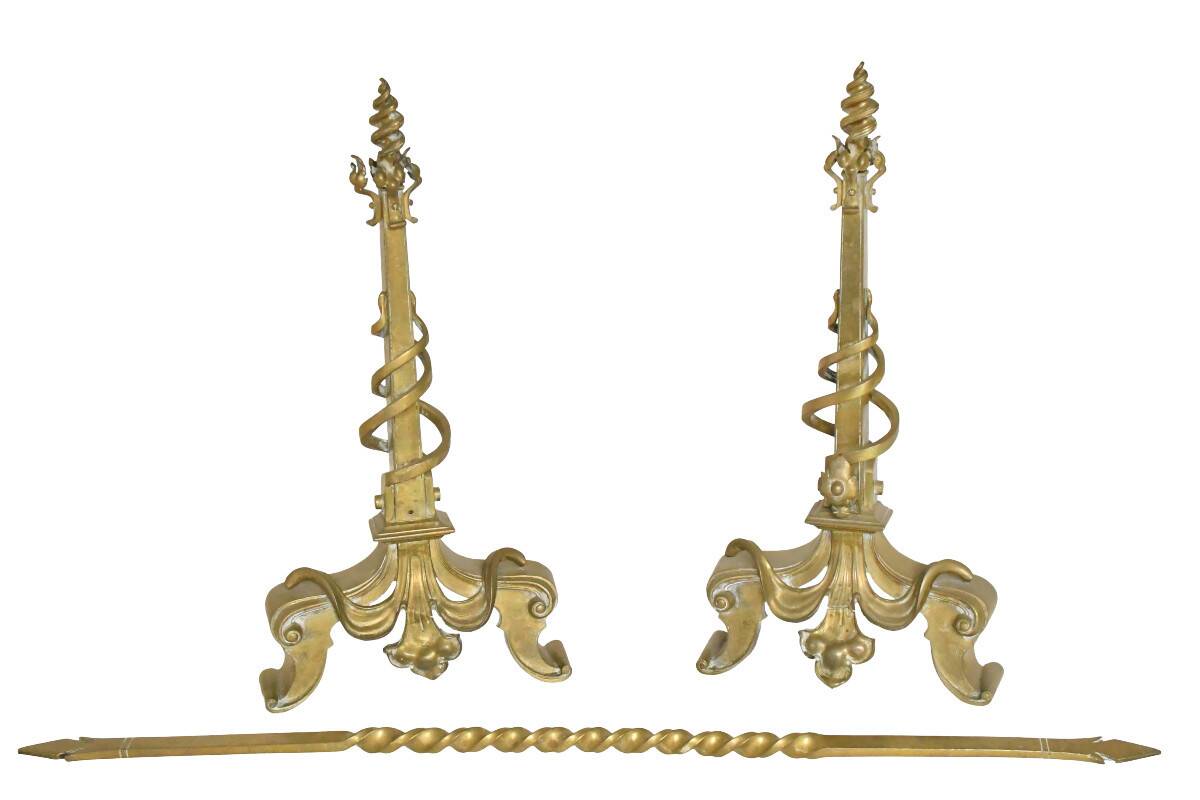 Pair of gilded bronze andirons decorated with serpents.