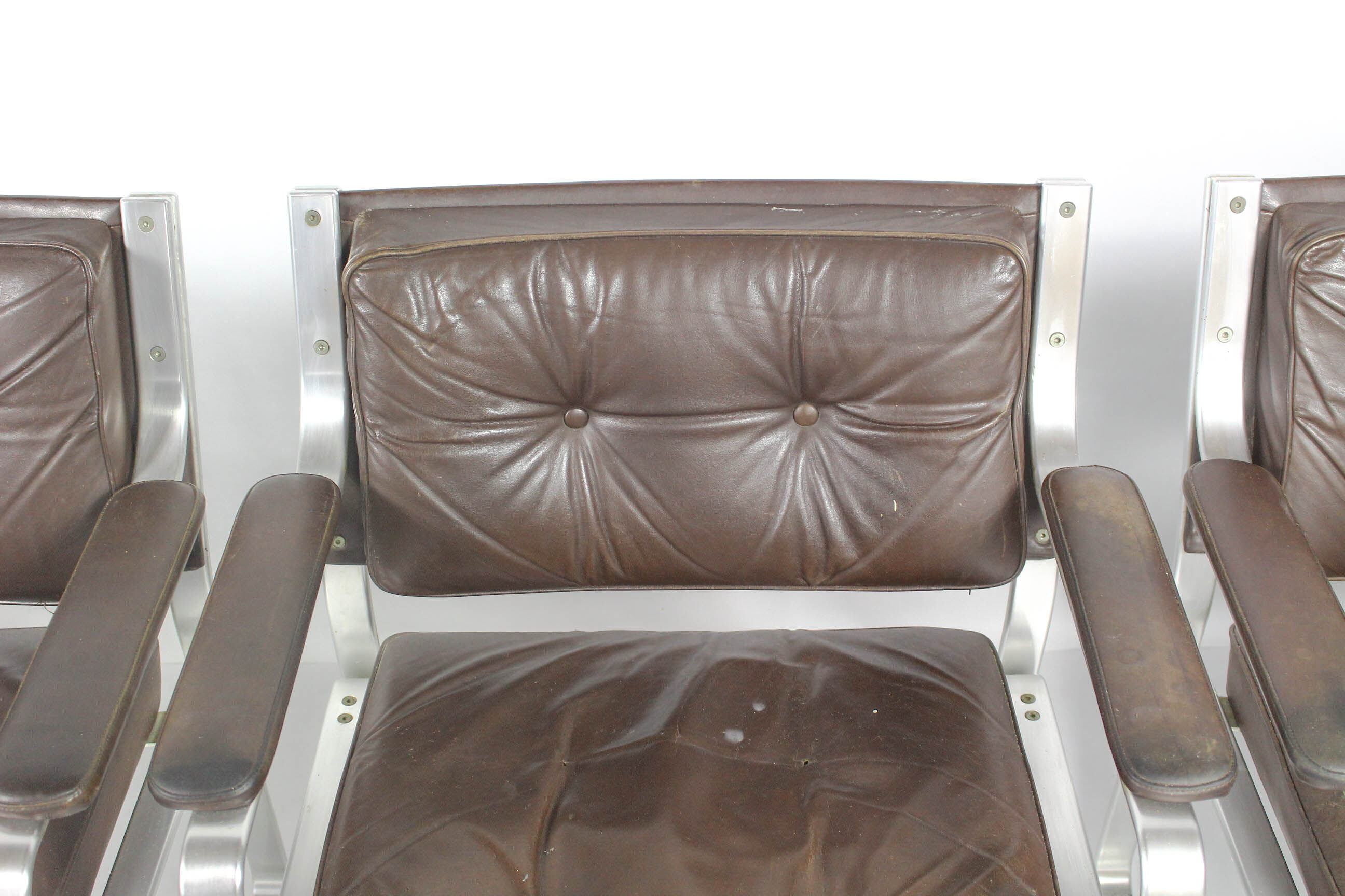 Swedish Mid Century Leather And Aluminum Armchairs By Karl Erik Ekselius For Joc Vetlanda, Set Of 4