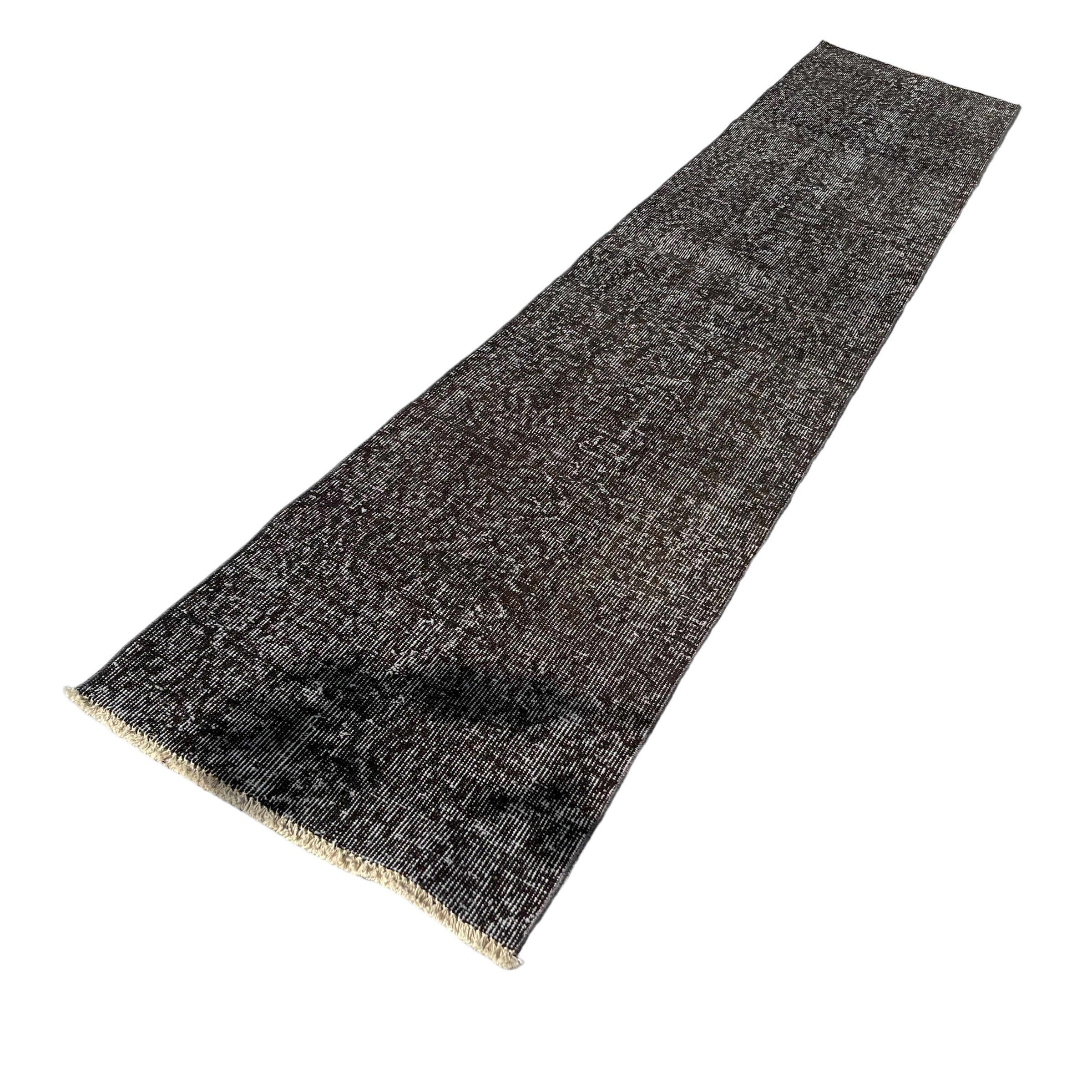 Distressed turkish narrow runner 290 x 60 cm wool vintage rug, overdyed black