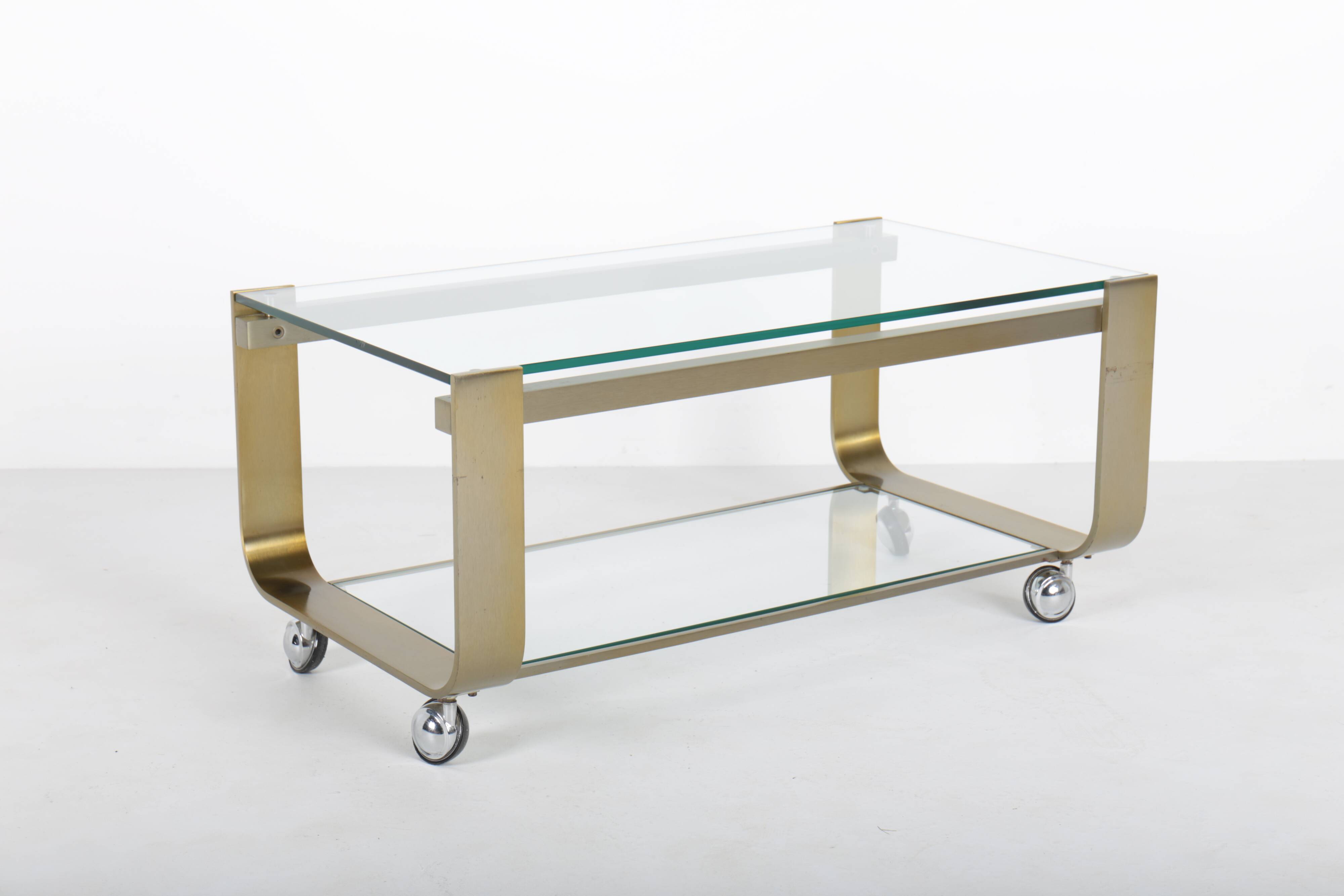 Vintage coffee table in gold metal and double glass top, 70s