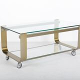 Vintage coffee table in gold metal and double glass top, 70s