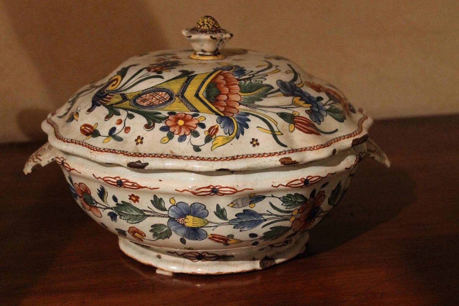 Antique French Faience Lidded Bowl Tureen Hand Painted with Flowers and Insects